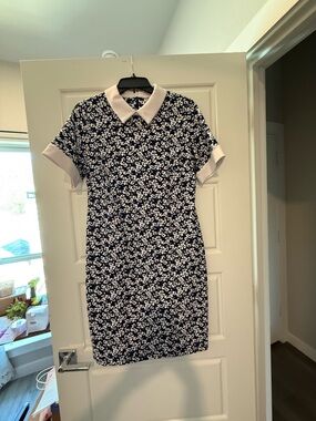 Shelby & Palmer Navy and White Floral Midi Dress with Contrast Collar